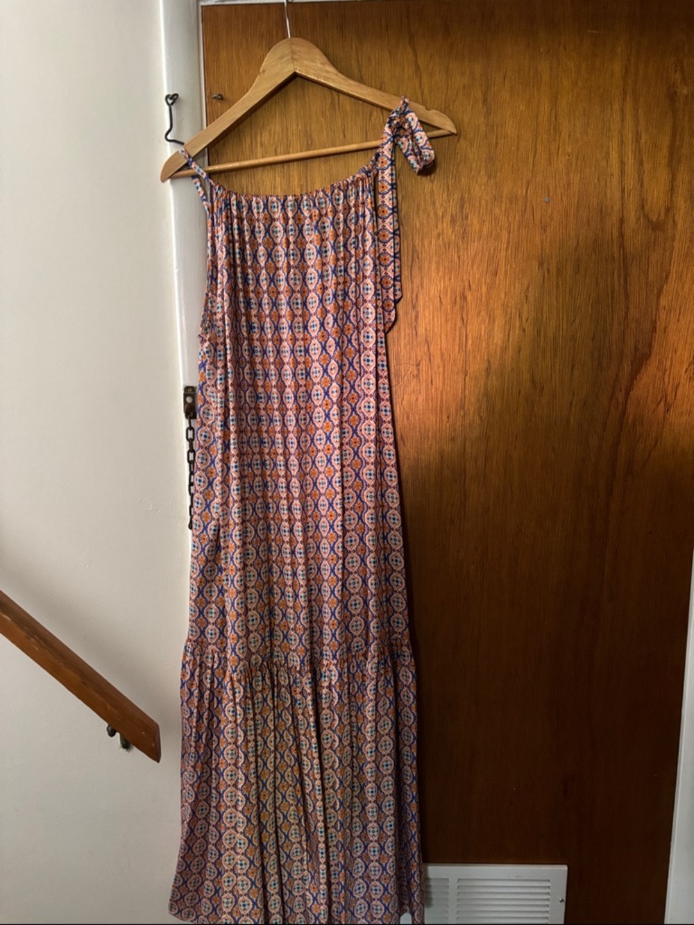 Anthropologie Orange and Blue One-Shoulder Tiered Maxi Dress with pockets sz l
